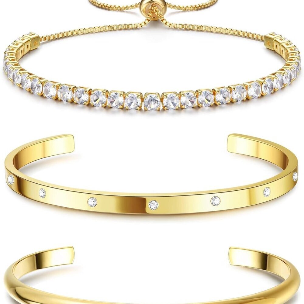 14K Gold Bracelets for Women Trendy Bangle Cuff Chain Bracelets Set Gold Plated